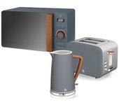 Nordic Set Desayuno, Hervidor Agua 1,7l, Tostadora 2 Rebanadas, Microondas 20l Digital, Diseño Gris Swan Strp1060gryneu