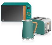 Nordic Set Desayuno, Hervidor Agua 1,7l, Tostadora 2 Rebanadas, Microondas 20l Digital, Diseño Verde Swan Strp1060greneu