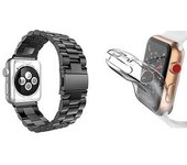 Kit Brazalete De Acero + Herramienta + Funda De Protección Completa Gift4me Compatible Con Reloj Apple Watch Series 10 - 42mm - Negro / Transparente