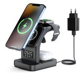 Estación De Carga Inalámbrica 5 En 1 De 15w Con Despertador Y Luz Nocturna Compatible Con Magsafe Iphone 14/13/12 Apple Watch Airpods Negro Veanxin
