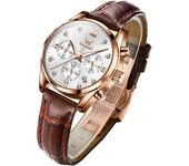 Reloj De Cuarzo De Cuero Simple Y Elegante Para Mujer Fecha Resistente Al Agua(oro Rosa Y Blanco.)