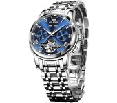 Reloj Luminoso Resistente Al Agua Con Calendario Doble Tourbillon Mecánico Automático Para Hombre(azul Plateado)