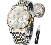Reloj De Cuarzo Resistente Al Agua Con Cronógrafo De Acero Inoxidable Y Fase Lunar Para Hombre(oro Blanco)