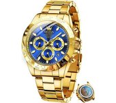 Reloj Automático Para Hombre Con Calendario, Acero Inoxidable, Luminoso, Resistente Al Agua(azul Dorado)