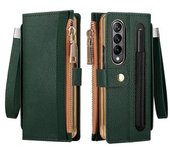 Funda De Cuero Pu Con Cremallera Y Bloqueo Rfid Para Samsung Galaxy Z Fold4 5g, Con Cierre De Botón, Soporte, Correa De Agarre Y Correa Para La Muñeca