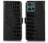 Funda Tipo Billetera De Piel De Vaca Auténtica Con Textura De Cocodrilo Para Motorola Edge 50 5g-black