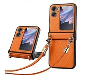 Funda Plegable Para Teléfono Oppo Find N2 Flip 5g Con Revestimiento De Cuero Impreso Y Correa Para El Hombro-orange
