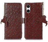 Funda Tipo Cartera Para Sony Xperia 10 Vi Con Bloqueo Rfid, Textura De Avestruz, Piel De Vaca Auténtica, Color Café
