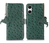 Funda Tipo Cartera Para Sony Xperia 10 Vi Con Bloqueo Rfid, Textura De Avestruz, Piel De Vaca Auténtica, Color Verde