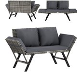 Banco de jardín poliratán gris 176x56x81cm función tumbona