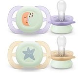 Philips Avent - 2 chupetes nocturnos Ultra Start niña lila y amarillo (0-2m)