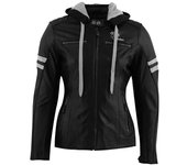Rusty Stitches Super Joyce Hooded Chaqueta de cuero de motocicleta para damas - Negro Blanco (50)