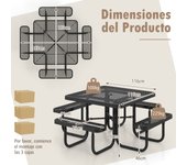 Costway Juego de Mesa Cuadrada de Metal y 4 Bancos para 8 Personas con Asientos y Orificio para Sombrilla para Jardín Piscina y Patio Negro