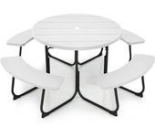 Costway Juego de Muebles para 8 Personas con 4 Bancos Orificio para Sombrilla y Mesa Redonda de Camping para Picnic Jardín Carga 225 kg