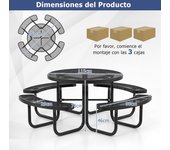 Costway Juego de Mesa de Metal y 4 Bancos Redonda para 8 Personas con Asientos Orificio para Sombrilla para Jardín Piscina Césped Patio Negro