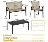 Costway Juego de Mesita y Sillón y Banco Muebles de Patio Mesa de Centro Mesita de Jardín de Hierro y Tela de Malla para Terraza Exterior Marrón