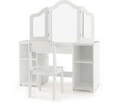 Costway Mesa de Tocador y Silla Para Niños Con Espejo Tri-Plegable Removible 4 Compartimentos de Almacenamiento