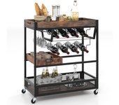 Costway Carro Bar para Hogar Carrito de Cocina de 3 Niveles con Bandeja Removible Soporte para Vino y Portavasos Carrito para Bebidas Marrón