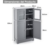 Costway Armario del Baño Organizador Multiuso Antivuelco con 4 Puertas de Vidrio Repisas Regulables para Salón Cocina Pasillo 60 x 30 x 109 cm Gris