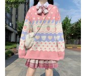Suéter de estilo colegial japonés para mujer, jersey de punto cálido con corazón de fresa rosa, abrigo suave y dulce Kawaii, Otoño Invierno One Size color rosa