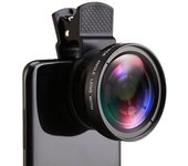Lente para teléfono móvil con 2 funciones, gran angular de 0,45X y macro HD para iPhone y Android. negro