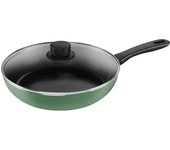 Sartén Ballarini honda con tapa de cristal, 28 cm, color verde hierbas. Fabricada en sartén. Tapa de cristal. Compatible con IH. Revestimiento cerámico japonés. CAPRERA.