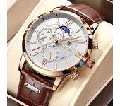 LIGE-Reloj de pulsera para hombre, de lujo, informal, de cuero, fase lunar de 24 horas, deportivo, resistente al agua, cronógrafo de cuarzo + caja, 2021 oro/blanco