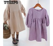 Ropa de otoño y primavera para niños, gasa doble de algodón orgánico, bolsillos sueltos, vestido para niñas pequeñas, vestidos informales de princesa a la moda para niños 1 beige