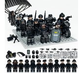 Serie militar, personaje SWAT negro, policía, minifigura, motocicleta, bloques de construcción, juguete para niños