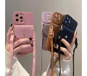 Funda tipo cartera con ranura para tarjetas y bandolera para iPhone 12, 13, Mini, 11, 14, 15, 16 Pro Max, 15 Plus, X, Xs Max, Xr, funda de silicona con cordón de lujo For iphone15 púrpura
