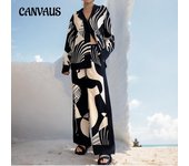 Temperamento de las mujeres tendencia elegante impreso manga larga top pantalones largos traje de pantalón de moda casual S negro