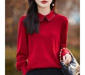 Camisa de cuello POLO de primavera y otoño para mujer, suéter de punto suelto, fino, de manga larga, camisa de color liso para abajo M gris oscuro