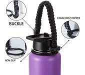 Soporte de paracord con cuerda y boca ancha para botellas, portátil, con correa de mano, para vasos, color cupful, cuerda, accesorios para botellas de agua negro/blanco
