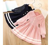 Vestido de punto para niñas Otoño Invierno Cuello de muñeca dulce Perlas de imitación Botón A rayas Dobladillo de una línea Punto Mangas largas Talle alto Volantes acanalados Vestido de princesa para niños 120cm color rosa