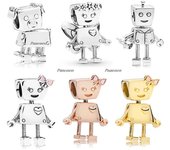 Charm de plata de ley 925 con forma de robot Bella Bot, un gran corazón y muchas cuentas de robot, compatible con pulseras y collares de Pan, joyería de bricolaje