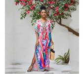 EDOLYNSA Bohemio Estampado Kaftan Casual Vacaciones de Verano Bikini Cover-ups Ropa de mujer Ropa de playa Traje de baño Cover Up Q1522 One size color rosa