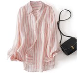 Blusas de mujer a rayas vintage, camisas de mujer, camisas de verano sueltas de manga larga, cuello polo, camisas de mujer de lino y algodón XS color rosa
