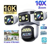 Cámara WiFi 10K 20MP inalámbrica para exteriores, zoom 10X, cuatro pantallas, cuatro lentes, 720°, PTZ, seguimiento automático, cámara de seguridad impermeable CCTV 8K Camera