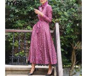 YYFS Vestidos casuales de cintura alta con cuello tipo polo y manga larga con estampado de flores para primavera y otoño para mujer S rojo rosa