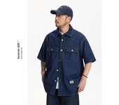 Camisa vaquera holgada de manga corta de marca de moda retro japonesa de verano, camisa de trabajo artística juvenil, chaqueta de capas para hombre y mujer M azul oscuro