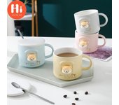 Taza de café de cerámica Hi 3D para perro Shiba Inu Akita, taza de té de animales de dibujos animados elegantes con tapa y cuchara para amantes de los perros, taza de agua caliente para leche color rosa