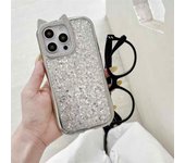 Funda de teléfono de lujo con orejas de gato y purpurina de diamante para iPhone 16, 15, 14, 13, 12, 11 Pro Max, suave TPU a prueba de golpes iPhone 11 plata