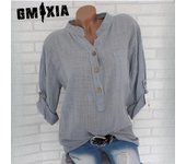 GMXIA Blusas y camisas con cuello POLO de manga larga con estampado de Color sólido informal a la moda para mujer Otoño Invierno S blanco