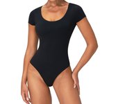 Body de manga corta para mujer, con doble forro, tipo tanga, camiseta con cuello redondo, tops para salir, leotardos ajustados informales XS negro