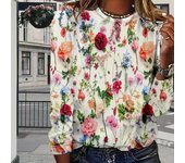 Tops para mujer, hermosa camiseta con estampado de rosas, cuello redondo, manga larga, suéter ajustado informal de otoño, top de manga larga para mujer XS blanco