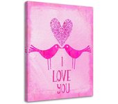Cuadros en Lienzo Dos pájaros sobre fondo rosa con la inscripción I Love You 40x60 color rosa