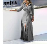 GMXIA Vestidos casuales de cintura alta con cuello tipo polo y manga larga con estampado de rayas de verano y primavera para mujer S negro