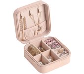 Joyero organizador de almacenamiento, pequeño estuche de almacenamiento portátil de cuero de una sola capa para anillos y pendientes color rosa