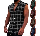Camisetas sin mangas de franela para hombre, camisas informales holgadas con botones a cuadros de vaquero a presión, chaleco de talla grande L