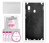 Adhesivo protector apgo para la parte trasera y laterales compatible con Samsung Galaxy A20, película envolvente, lámina de vinilo - Patrón de cuero negro